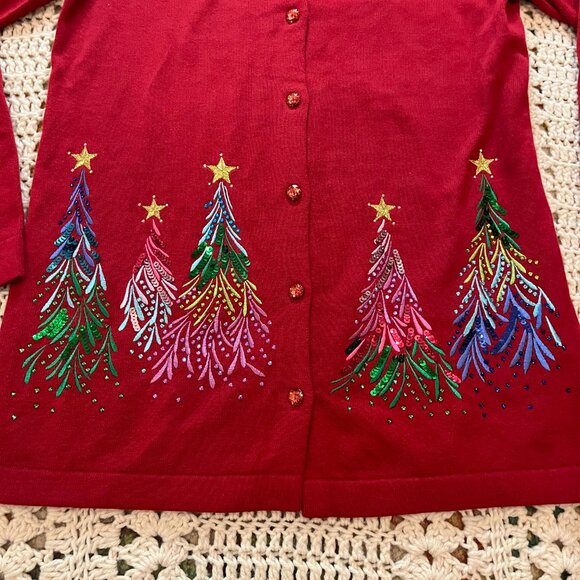Quacker Factory Red Embroidered Sequin & Stud Tree Button Front Cardigan XXS - Picture 2 of 9